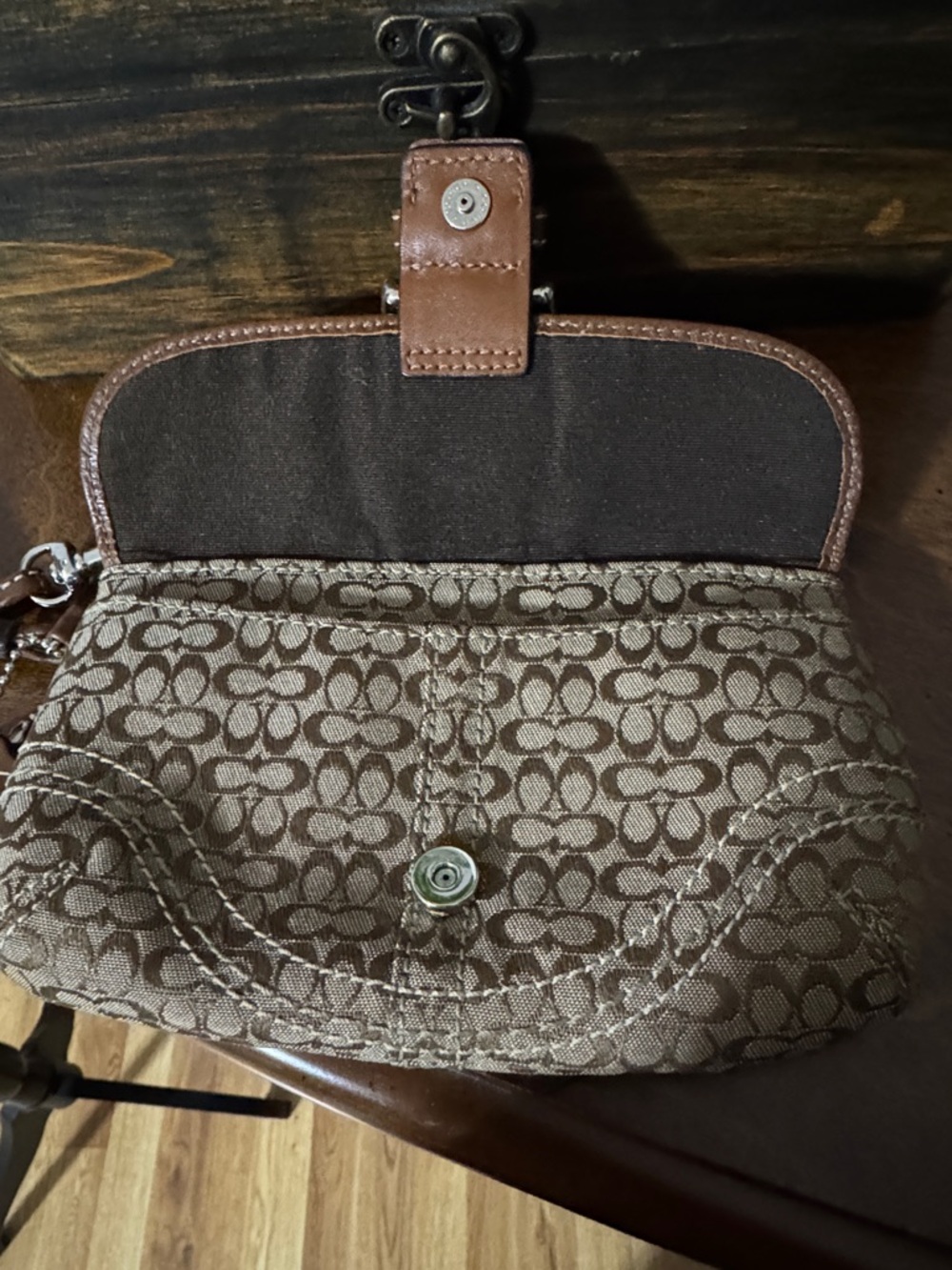 Coach Brown Signature Canvas and Leather Wristlet - Picture 13 of 16